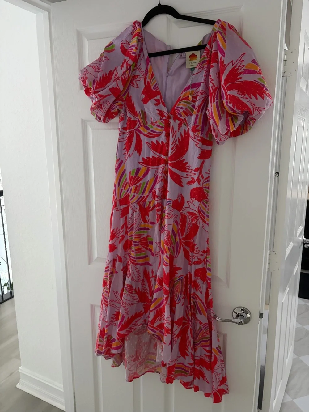 Farm Rio Red Parrot-Print Puff-Sleeve Midi Dress - Women